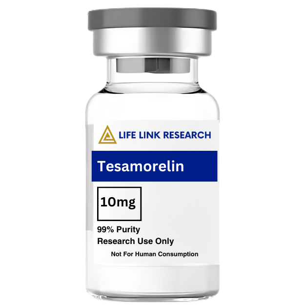 Tesamorelin 10mg peptide vial on sterile lab surface